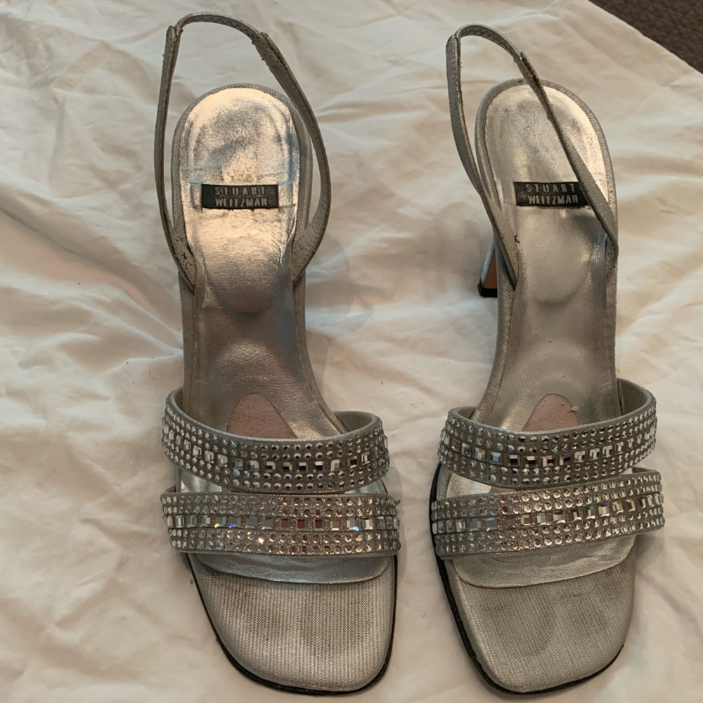 Stuart Weitzman silver sling back Rhinestone sandals / heels.